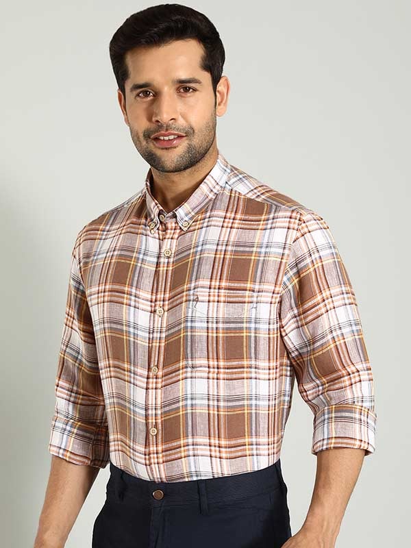 Indian Terrain Men's Regular Fit Full Sleeve Checkered Brown Shirt
